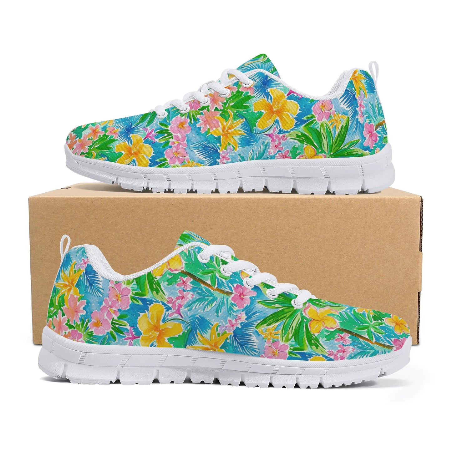 Tropical Harmony: Watercolor Yellow and Pink Hibiscus Flowers with Blue and Green Palm Leaves Womens EVA Mesh Running Shoes US5-US12