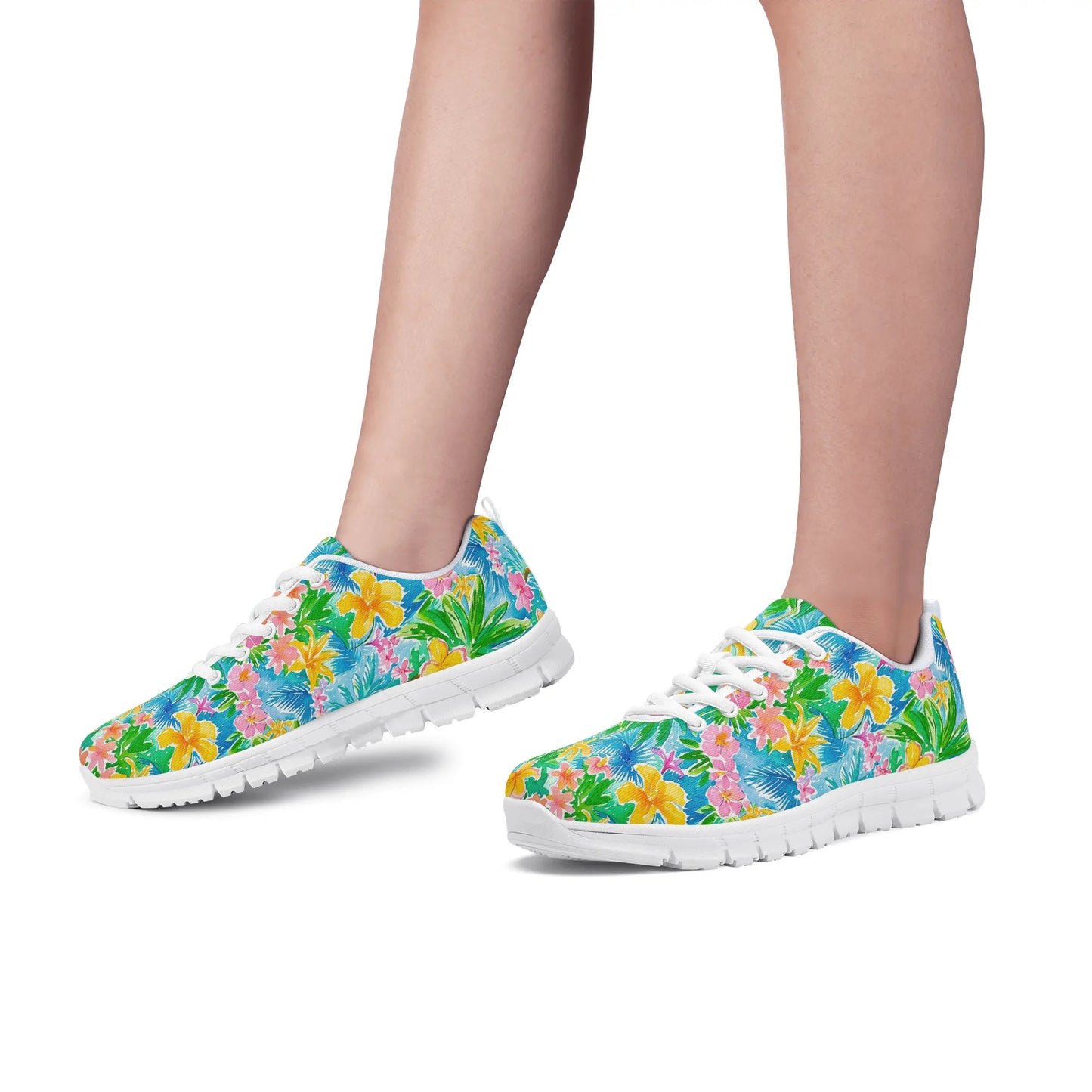 Tropical Harmony: Watercolor Yellow and Pink Hibiscus Flowers with Blue and Green Palm Leaves Womens EVA Mesh Running Shoes US5-US12