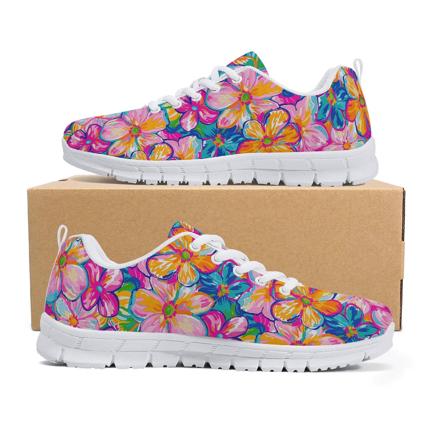 Chromatic Blossoms: Large Watercolor Flowers in Mixed Pinks, Blues, and Oranges Womens EVA Mesh Running Shoes US5-US12