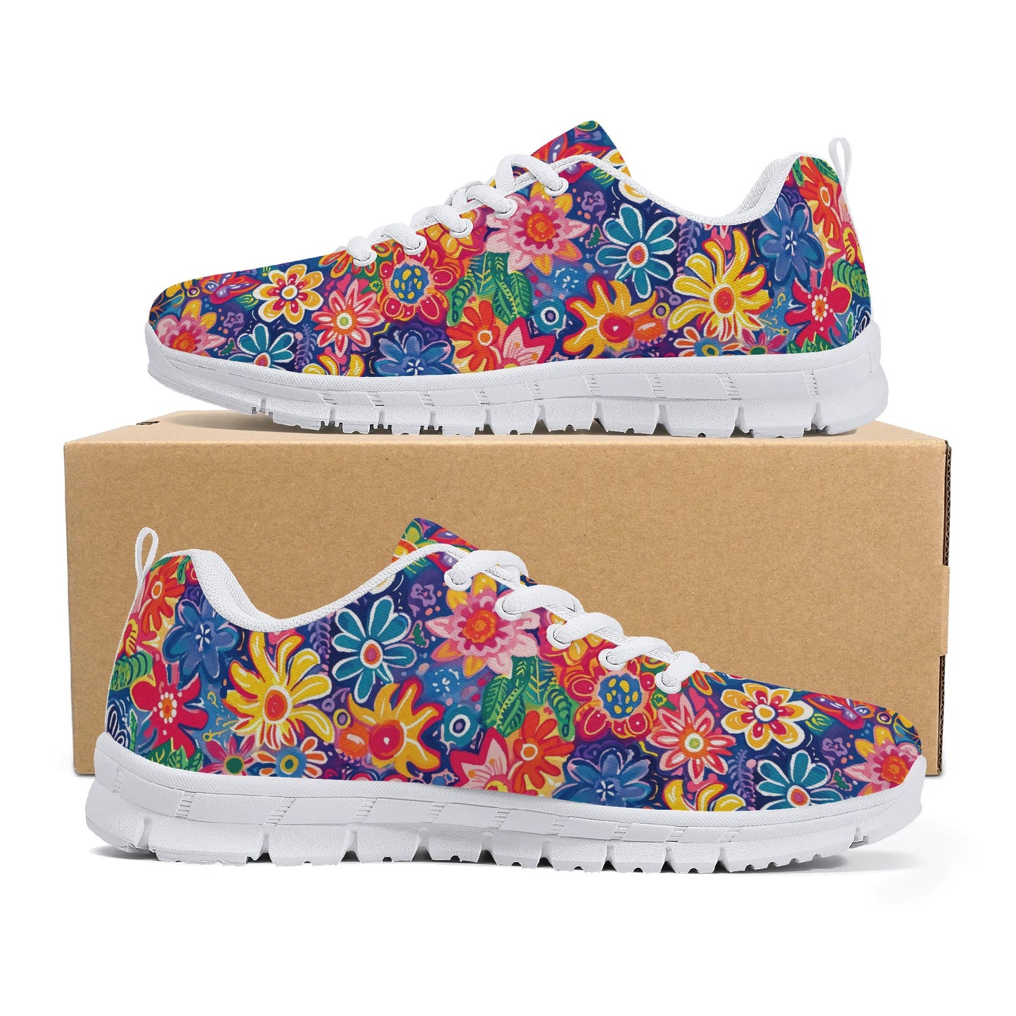 Fluttering Kaleidoscope: Vibrant Multicolor Flowers and Butterflies in Flight Womens EVA Mesh Running Shoes US5-US12