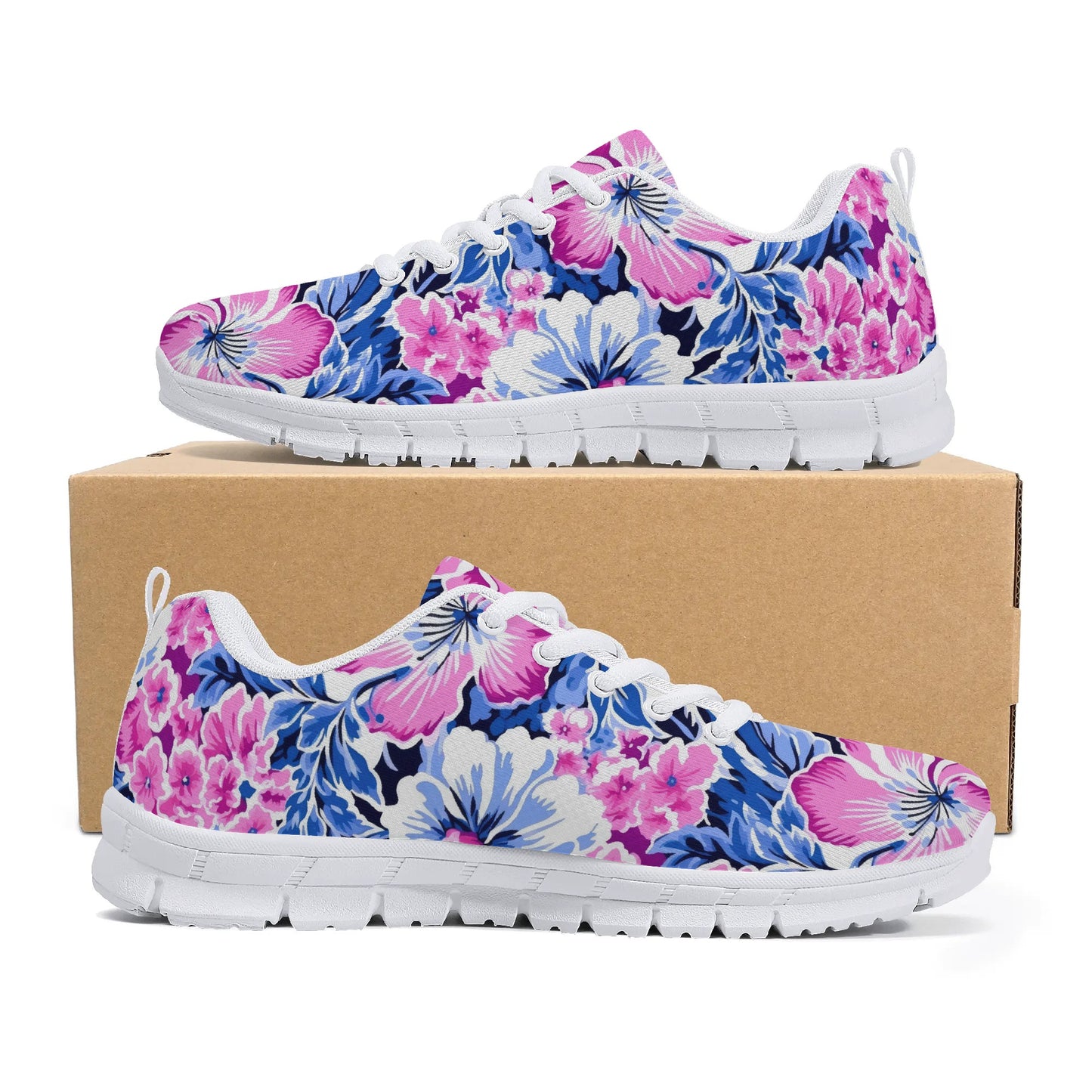 Bright Blooms: Pink and Blue Watercolor Hibiscus in Vivid Splendor Womens EVA Mesh Running Shoes US5-US12