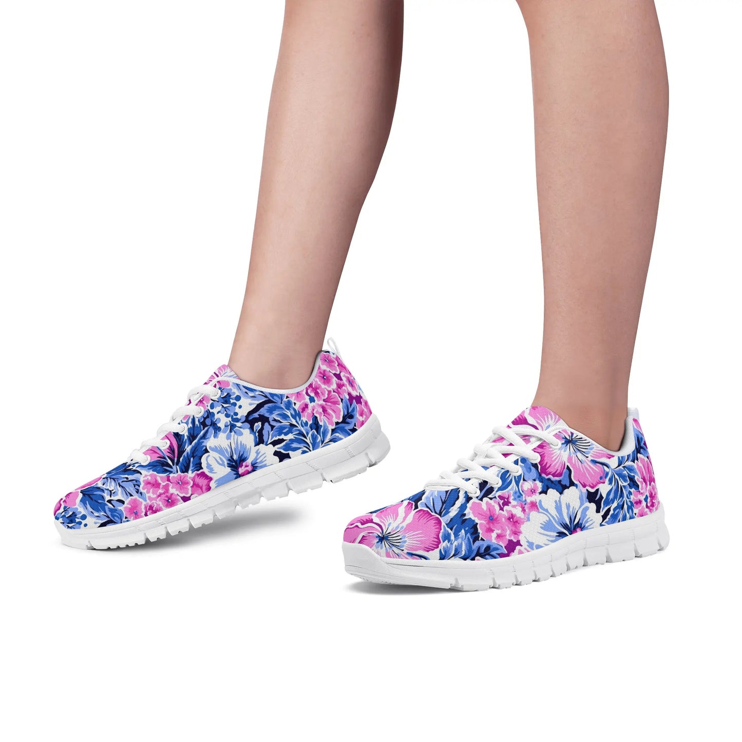 Bright Blooms: Pink and Blue Watercolor Hibiscus in Vivid Splendor Womens EVA Mesh Running Shoes US5-US12