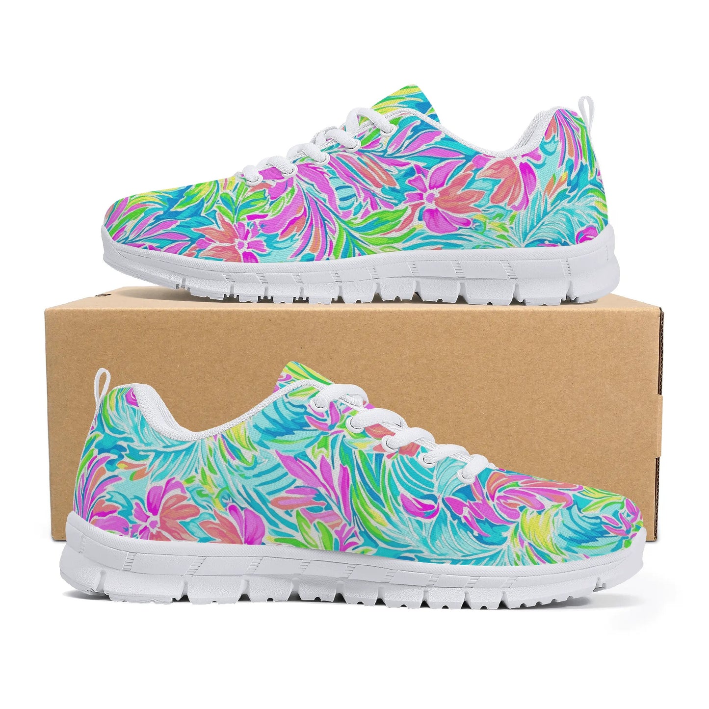 Neon Tropics: Vibrant Rainbow Flowers and Palm Leaves in Electric Splendor Womens EVA Mesh Running Shoes US5-US12