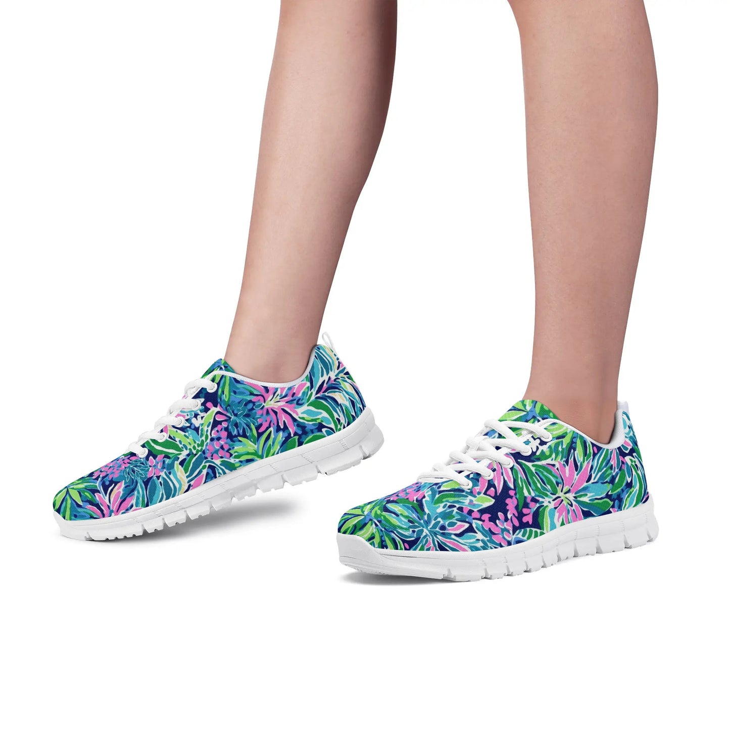 Seaside Blossoms: Coastal Spring Flowers in Pink, Green, and Navy Watercolors Womens EVA Mesh Running Shoes US5-US12