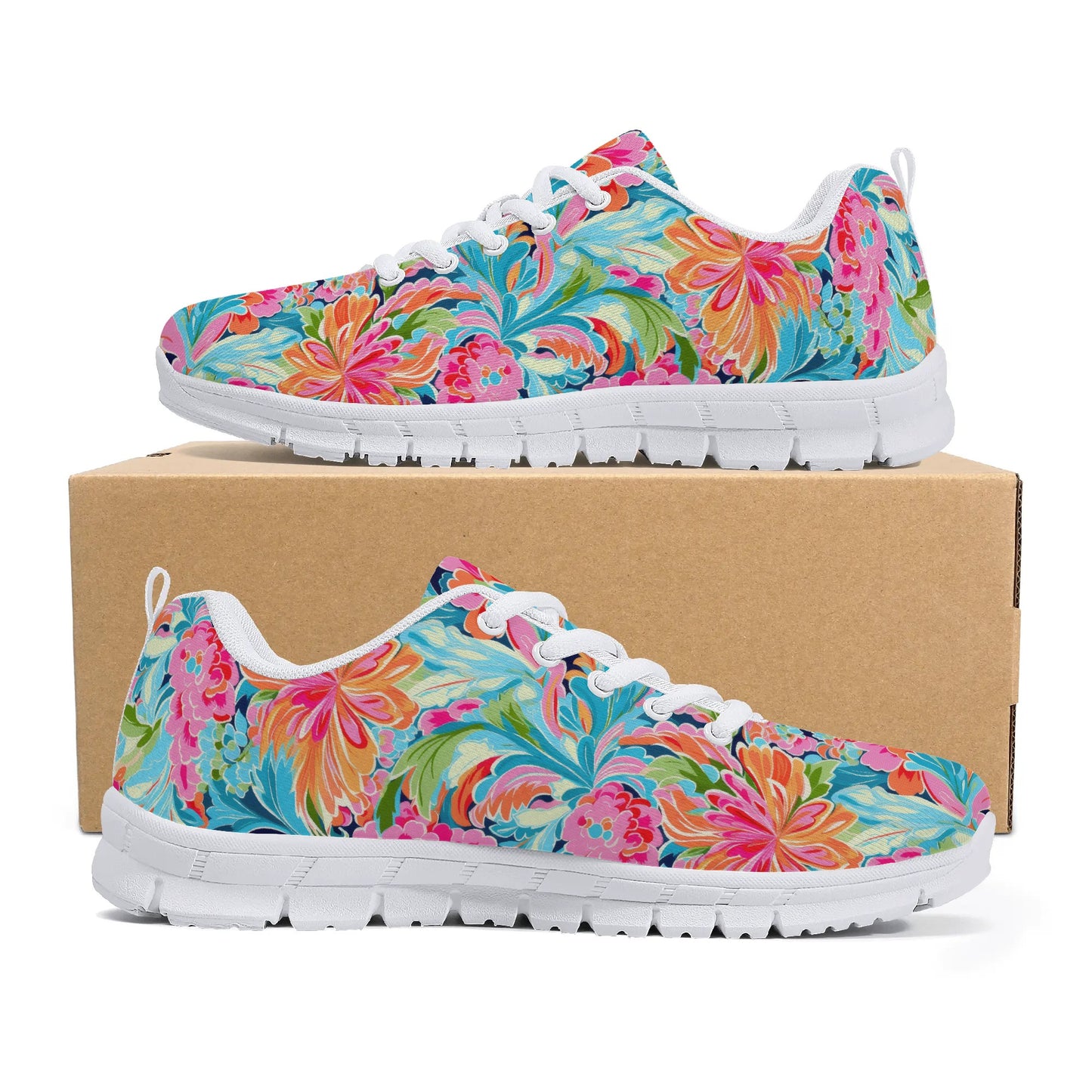 Tropical Radiance: Bursting Summer Blooms in Teal, Orange, and Pink Womens EVA Mesh Running Shoes US5-US12