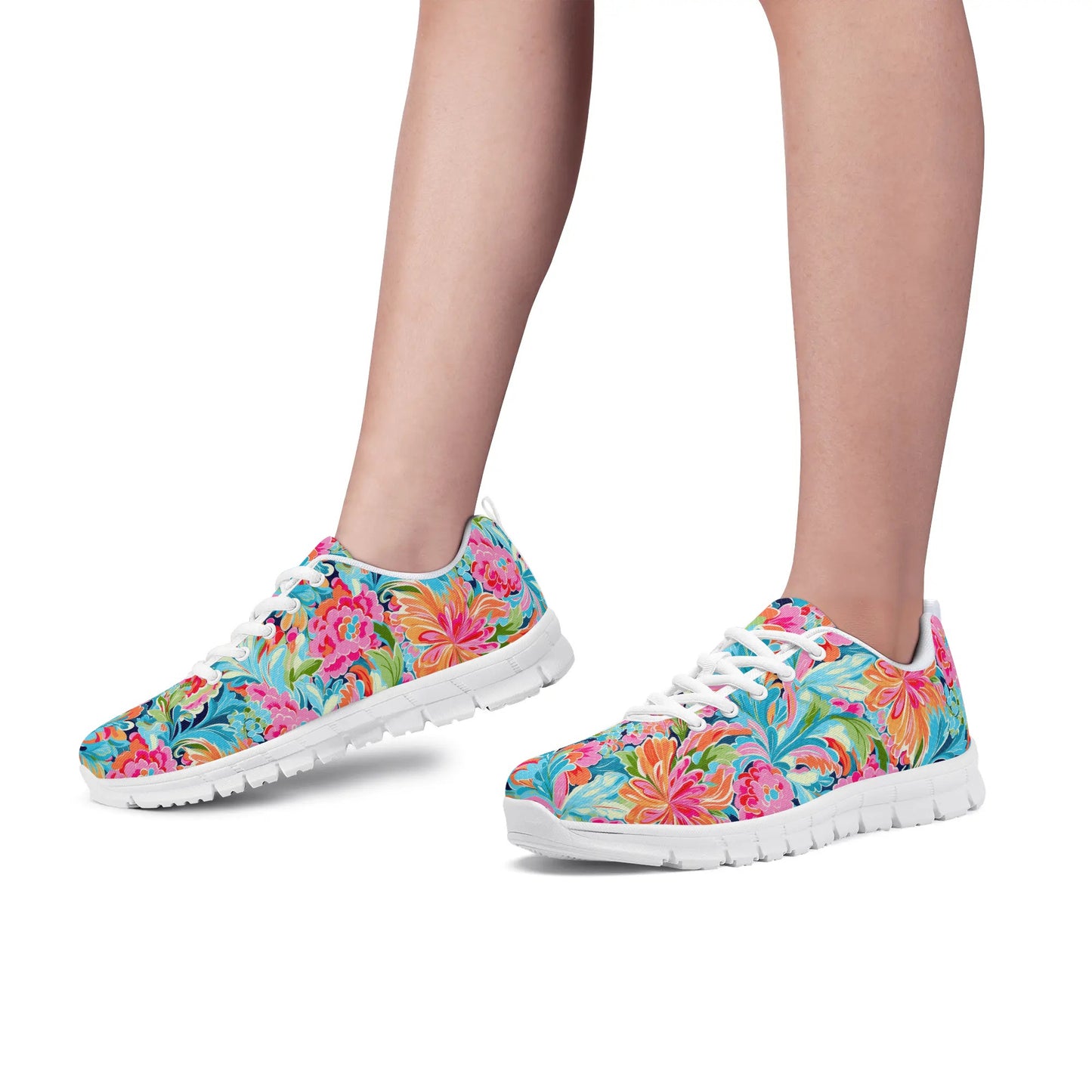 Tropical Radiance: Bursting Summer Blooms in Teal, Orange, and Pink Womens EVA Mesh Running Shoes US5-US12