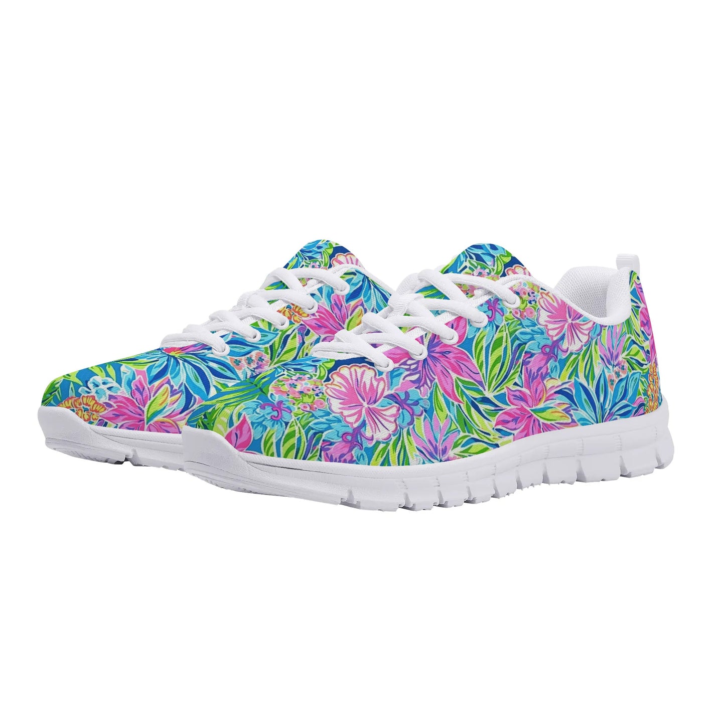 Summer Harmony: Pink and Blue Blooms with Lush Green Leaves Womens EVA Mesh Running Shoes US5-US12