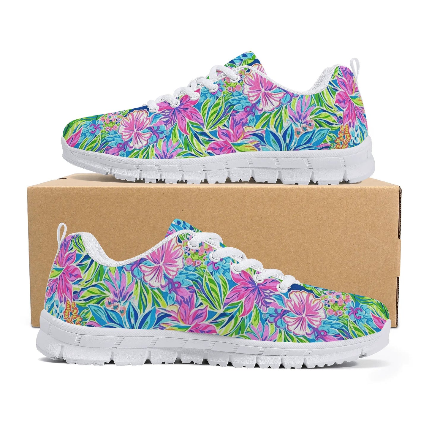 Summer Harmony: Pink and Blue Blooms with Lush Green Leaves Womens EVA Mesh Running Shoes US5-US12