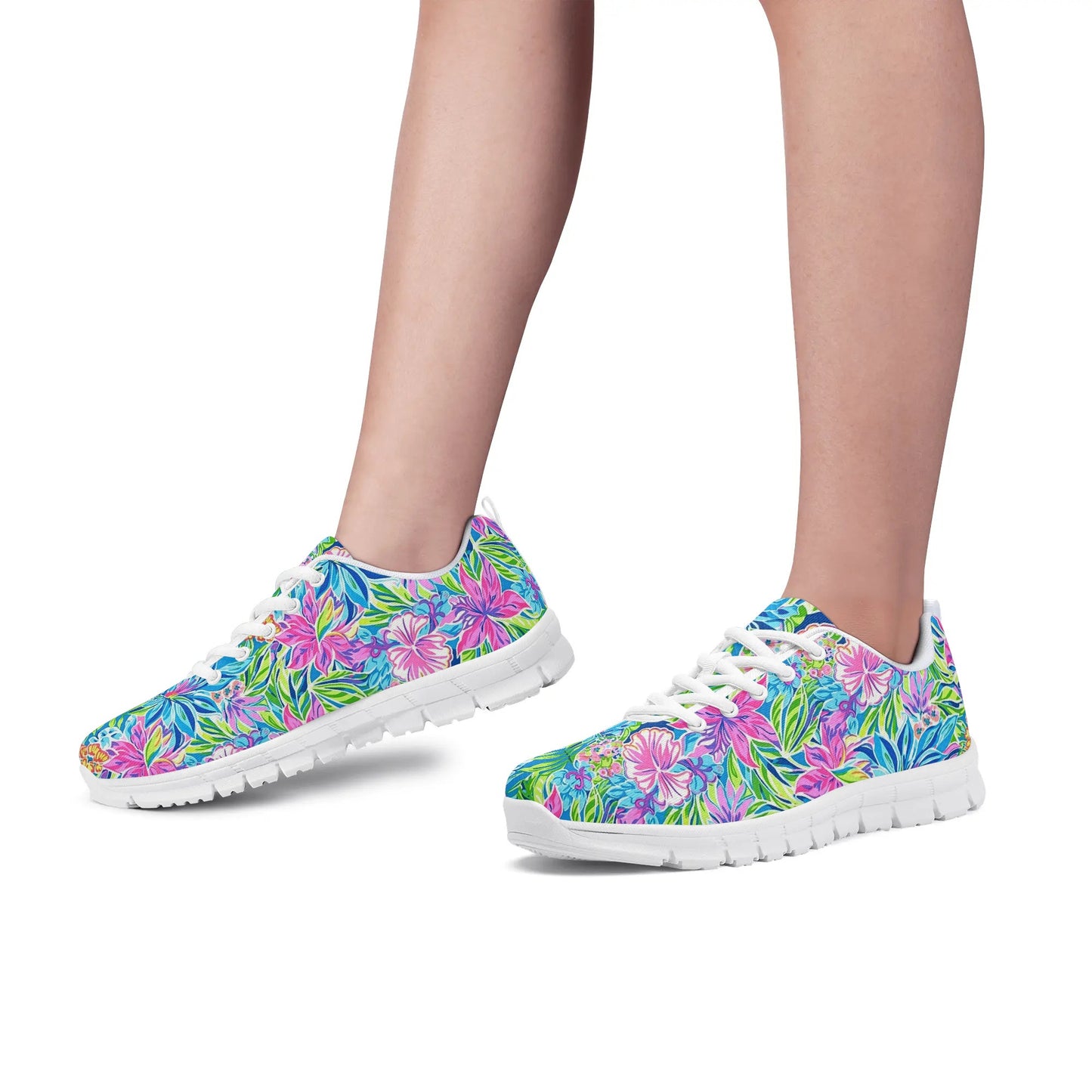 Summer Harmony: Pink and Blue Blooms with Lush Green Leaves Womens EVA Mesh Running Shoes US5-US12