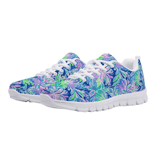 Seaside Serenade: Coastal Pink, Navy, and Green Tropical Blooms Dancing Womens EVA Mesh Running Shoes US5-US12