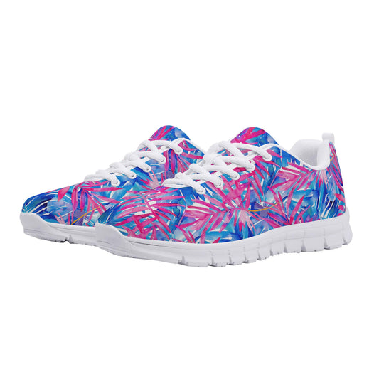 Tropical Harmony Blue and Dark Pink Palm Tree Leaves Womens EVA Mesh Running Shoes US5-US12