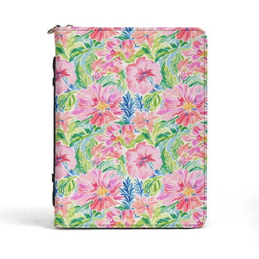 Pastel Oasis: Watercolor Hibiscus Flowers and Palms in Soft Hues PU Leather Book or Bible Cover With Pocket