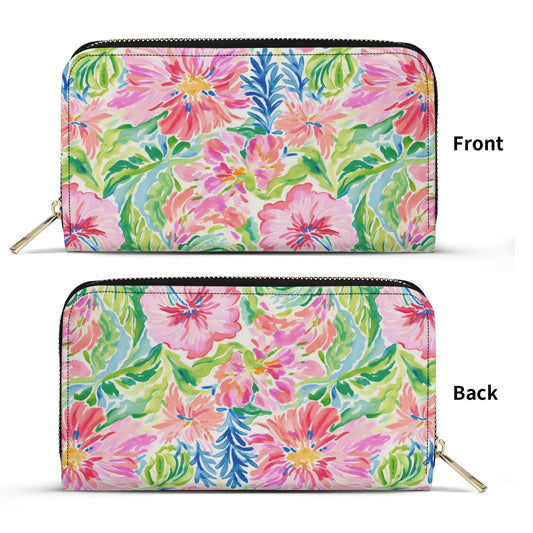 Pastel Oasis: Watercolor Hibiscus Flowers and Palms in Soft Hues - Leather Wallet (PU)