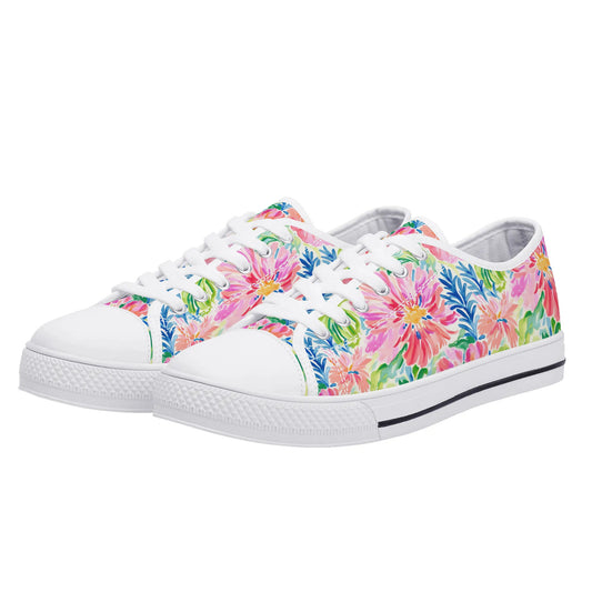 Pastel Oasis: Watercolor Hibiscus Flowers and Palms in Soft Hues Womens Low Top Canvas Sneakers US5.5 - US12