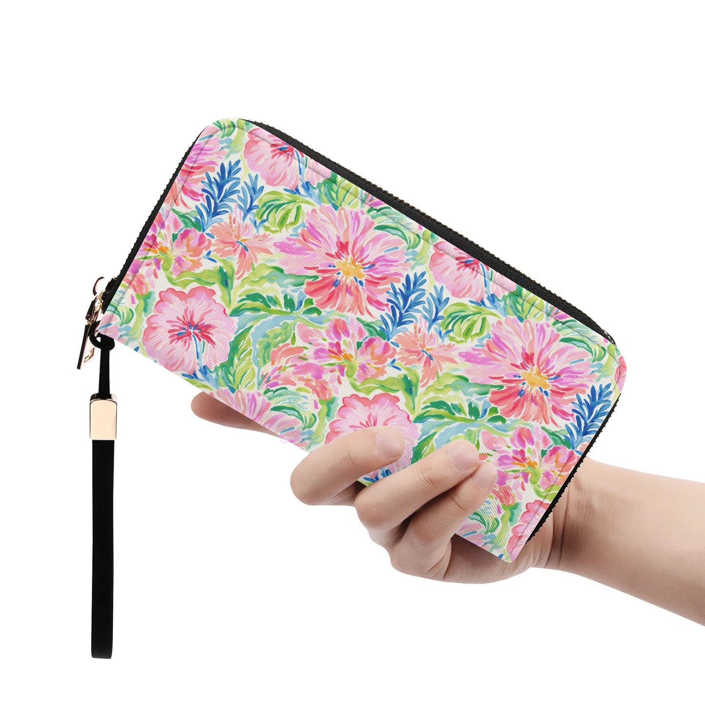 Pastel Oasis: Watercolor Hibiscus Flowers and Palms in Soft Hues - Wristlet Wallet Leather (PU)