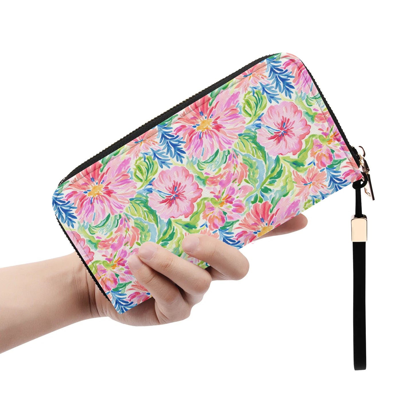 Pastel Oasis: Watercolor Hibiscus Flowers and Palms in Soft Hues - Wristlet Wallet Leather (PU)