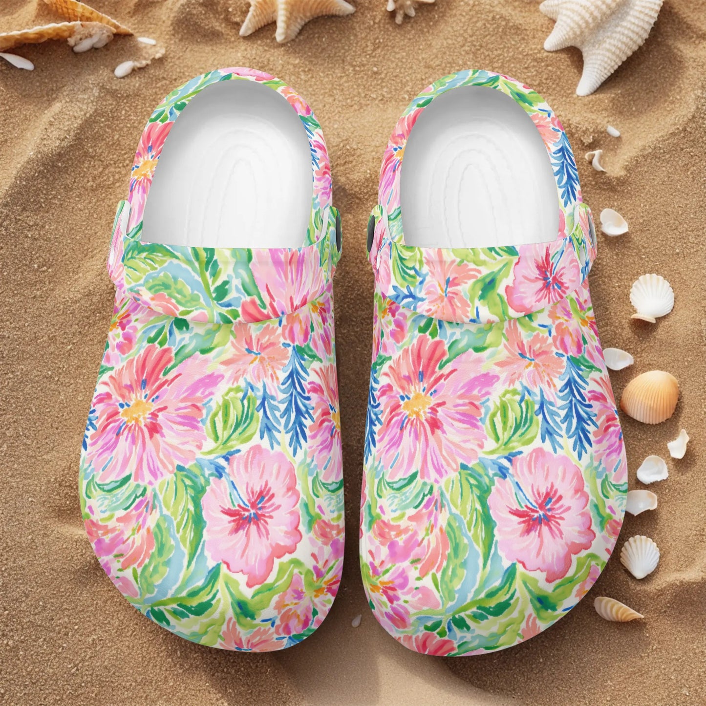 Pastel Oasis: Watercolor Hibiscus Flowers and Palms in Soft Hues Lightweight Slip On Nurse Style Clogs