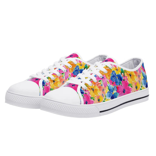 Springtime Kaleidoscope: Multi-color Watercolor Blossoms in Bloom Womens Low Top Canvas Sneakers US5.5 - US12