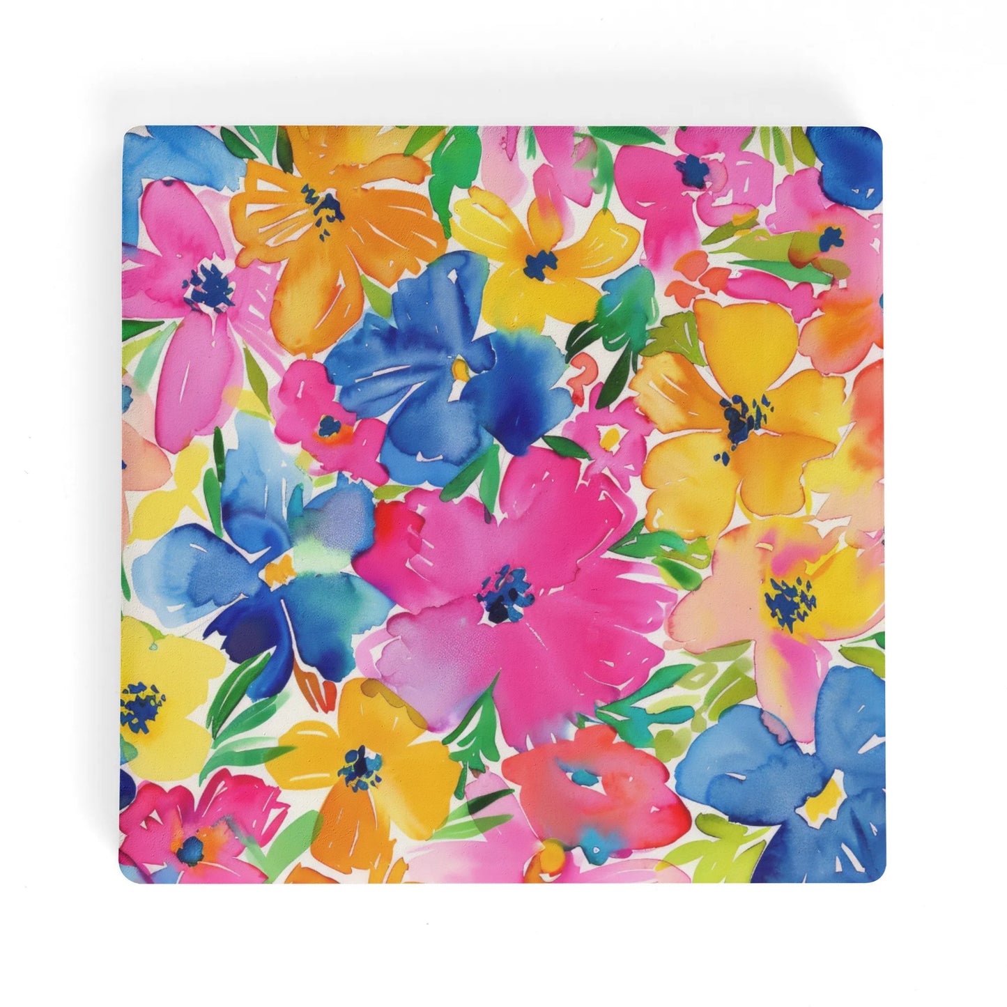 Springtime Kaleidoscope: Multi-color Watercolor Blossoms in BloomSquare Ceramic Coasters - Set of 4