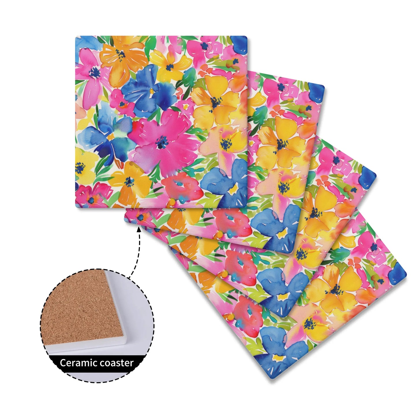 Springtime Kaleidoscope: Multi-color Watercolor Blossoms in BloomSquare Ceramic Coasters - Set of 4