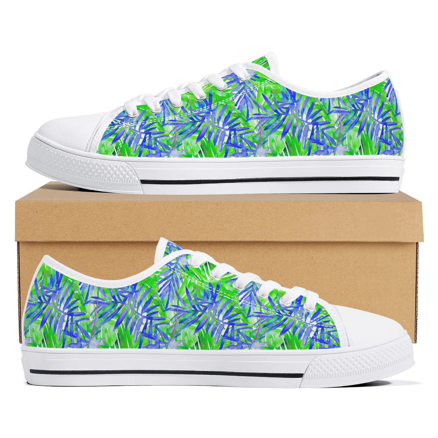 Tropical Harmony Blue and Green Palm Tree Leaves Womens Low Top Canvas Sneakers US5.5 - US12