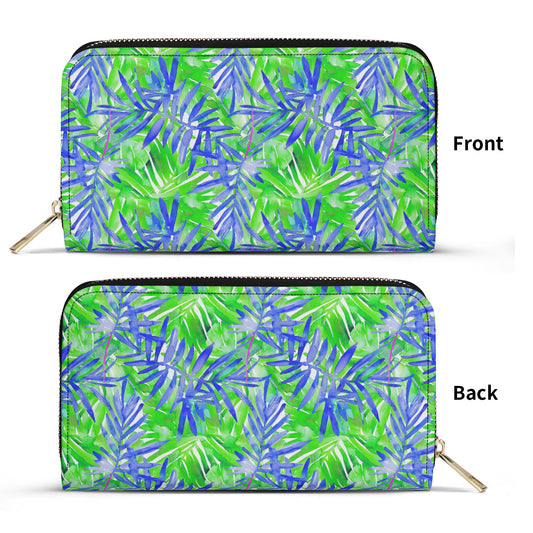 Tropical Harmony Blue and Green Palm Tree Leaves Leather Wallet (PU)