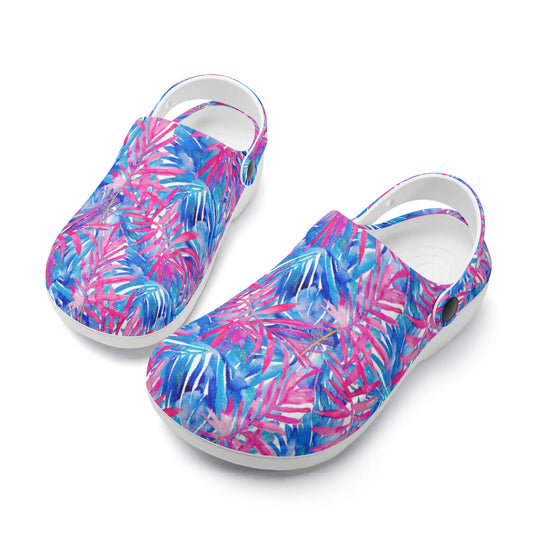 Tropical Harmony Blue and Dark Pink Palm Tree Leaves Casual Lightweight Slip On Nurse Style Clogs