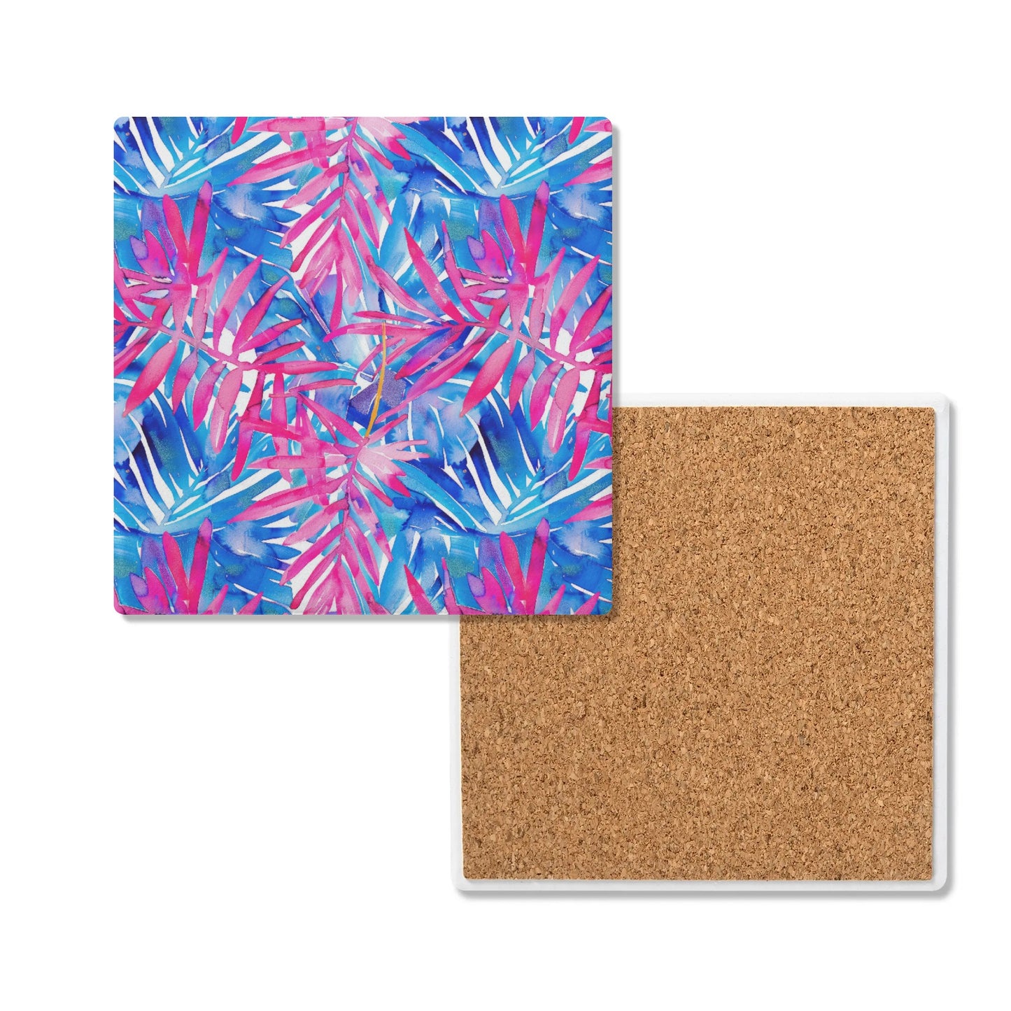 Tropical Harmony Blue and Dark Pink Palm Tree Leaves Square Ceramic Coasters - Set of 4