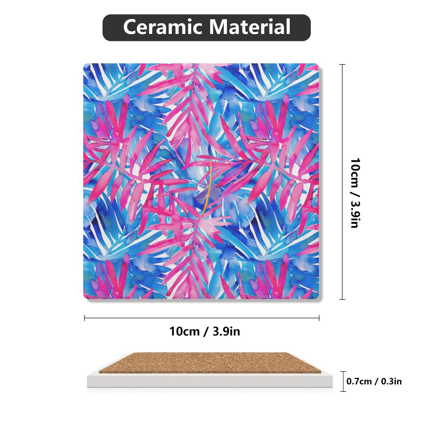 Tropical Harmony Blue and Dark Pink Palm Tree Leaves Square Ceramic Coasters - Set of 4