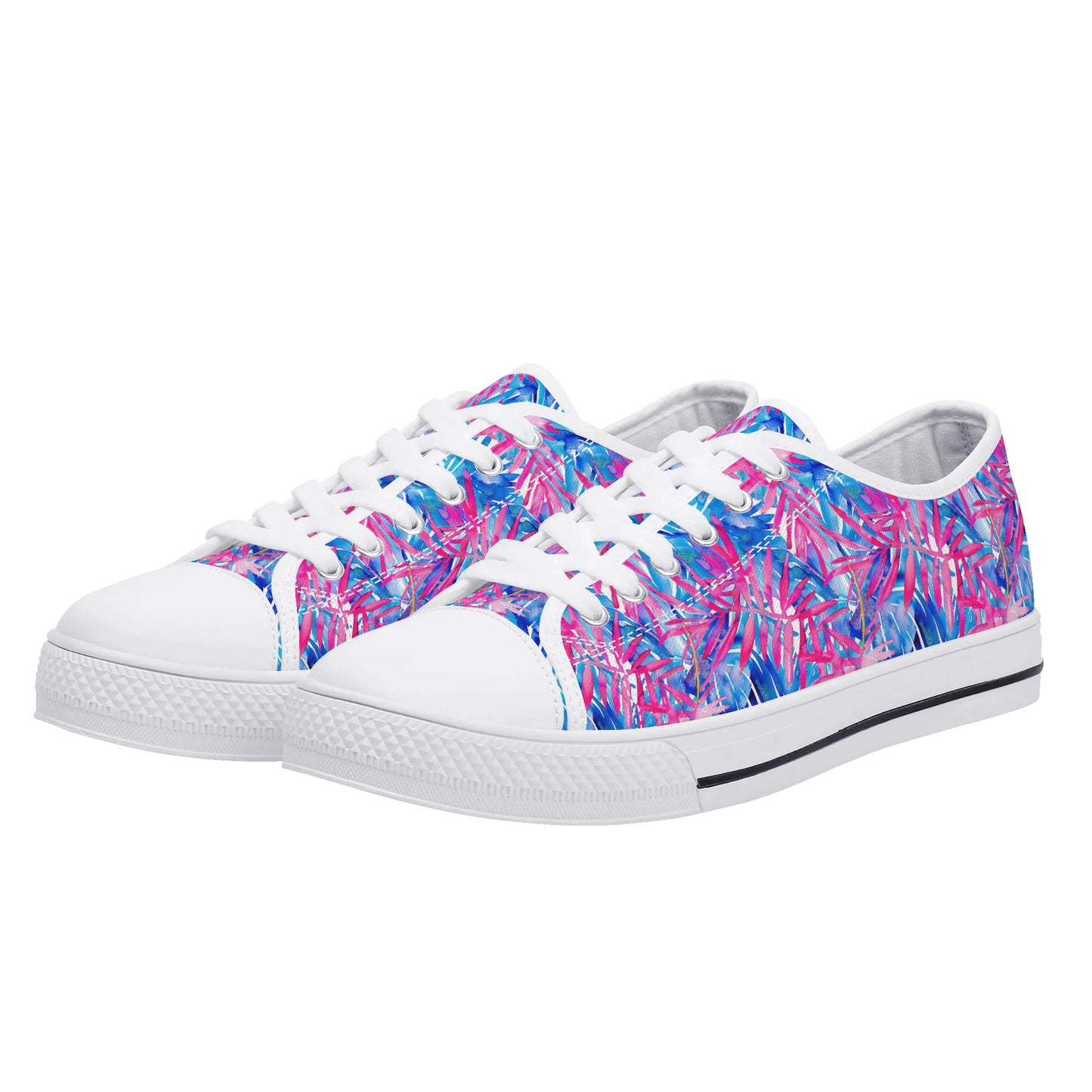 Tropical Harmony Blue and Dark Pink Palm Tree Leaves Womens Low Top Canvas Sneakers US5.5 - US12