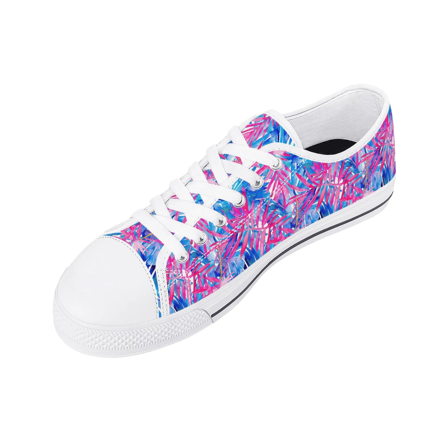 Tropical Harmony Blue and Dark Pink Palm Tree Leaves Womens Low Top Canvas Sneakers US5.5 - US12