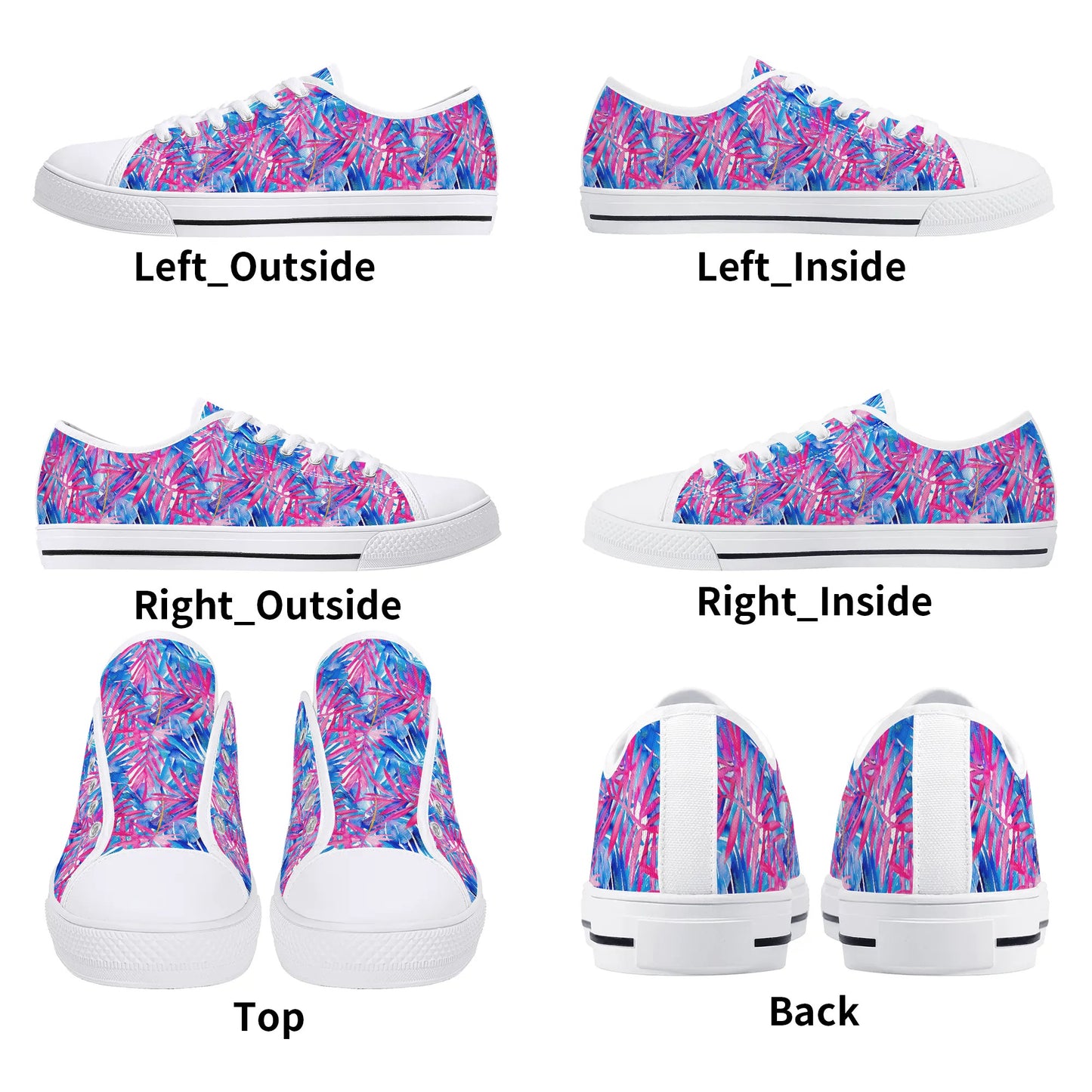 Tropical Harmony Blue and Dark Pink Palm Tree Leaves Womens Low Top Canvas Sneakers US5.5 - US12