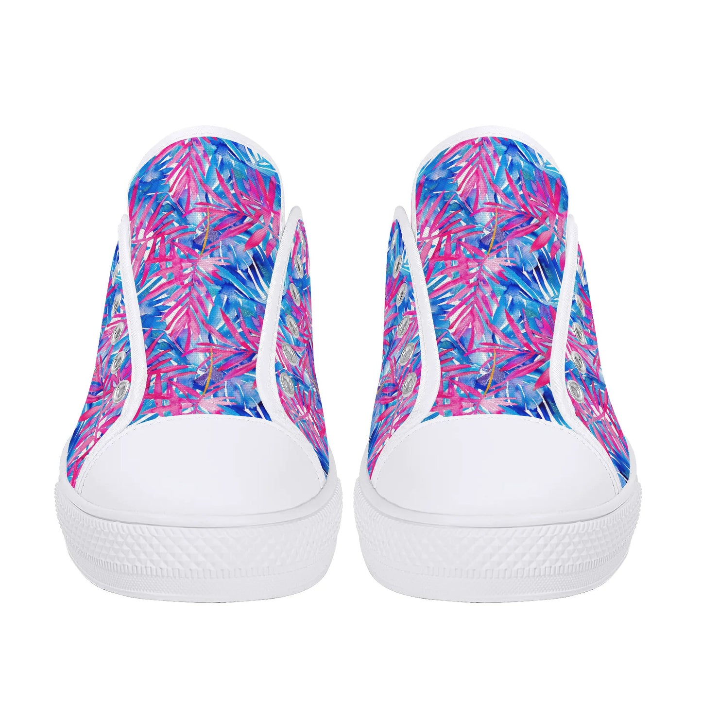 Tropical Harmony Blue and Dark Pink Palm Tree Leaves Womens Low Top Canvas Sneakers US5.5 - US12