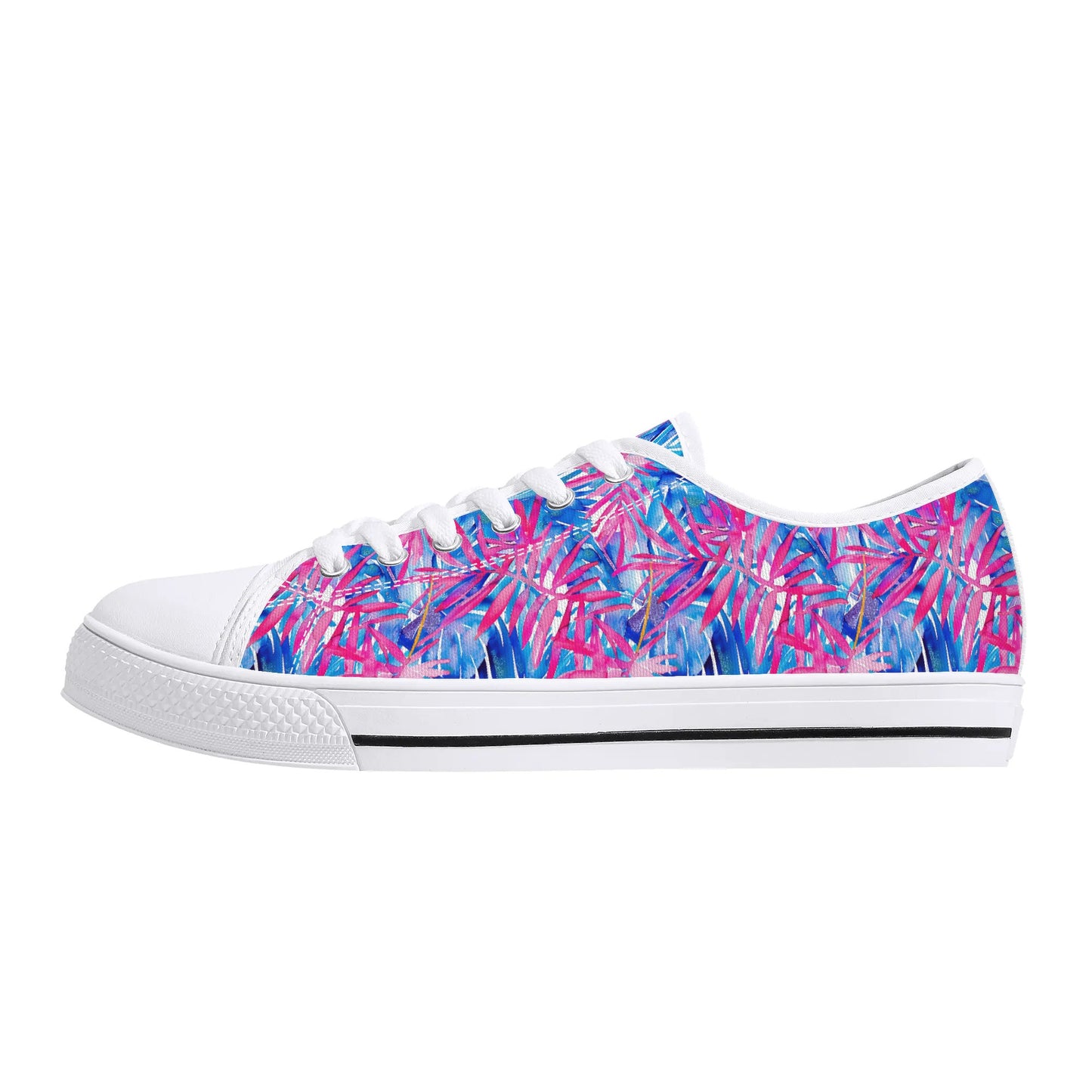 Tropical Harmony Blue and Dark Pink Palm Tree Leaves Womens Low Top Canvas Sneakers US5.5 - US12