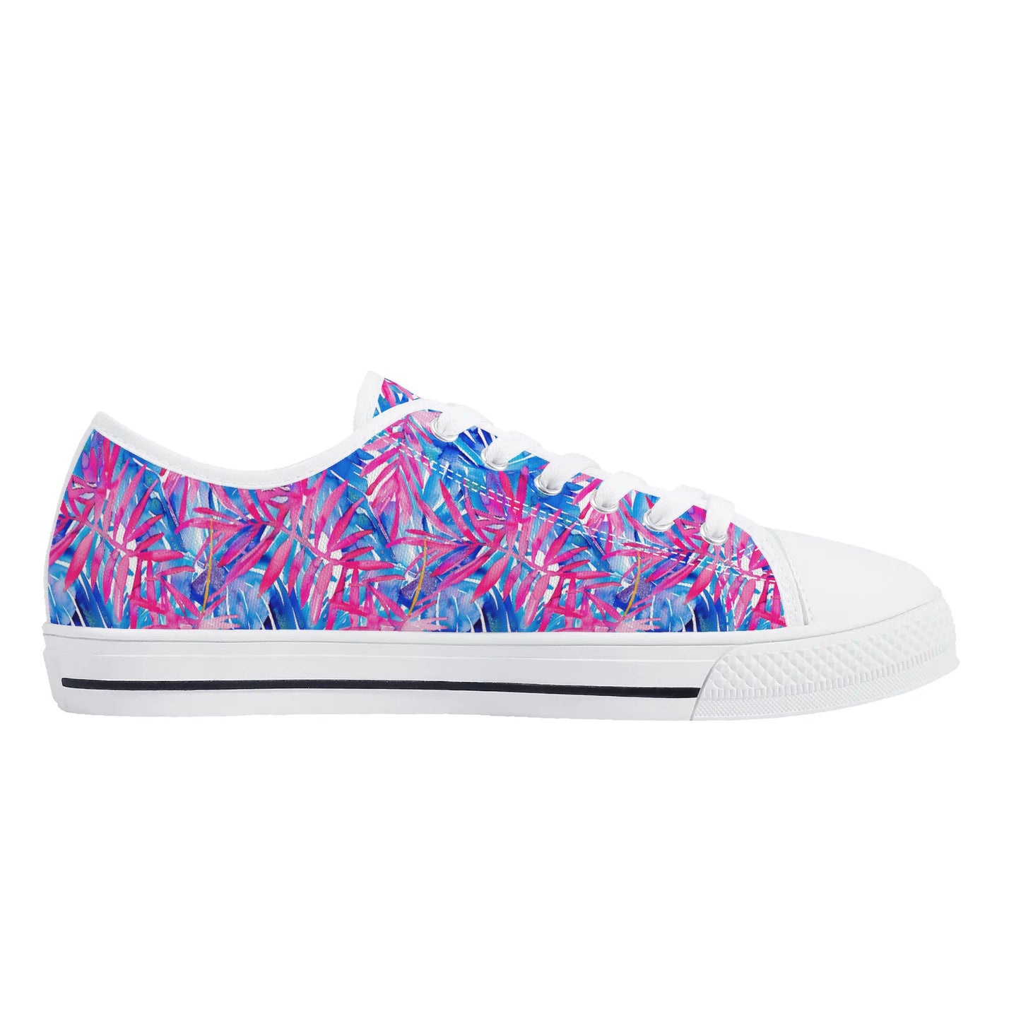 Tropical Harmony Blue and Dark Pink Palm Tree Leaves Womens Low Top Canvas Sneakers US5.5 - US12