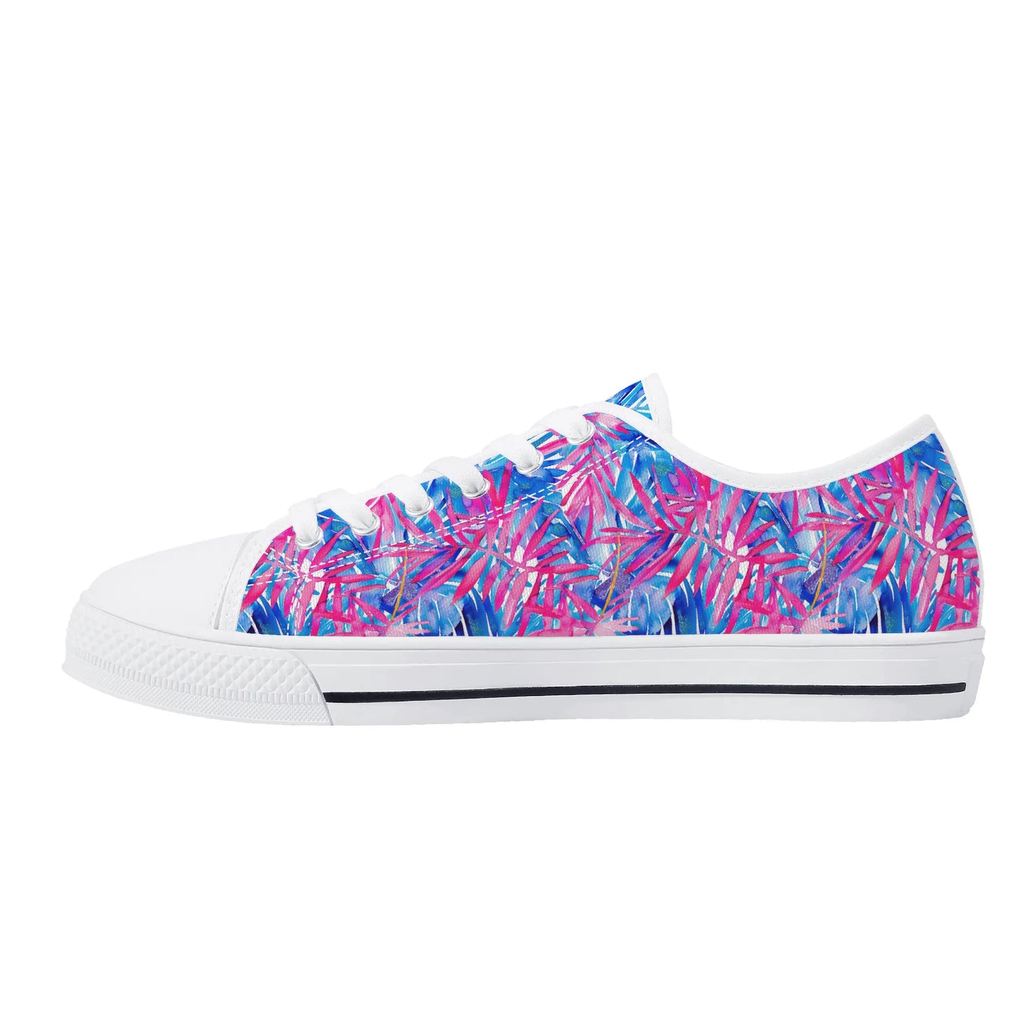 Tropical Harmony Blue and Dark Pink Palm Tree Leaves Womens Low Top Canvas Sneakers US5.5 - US12