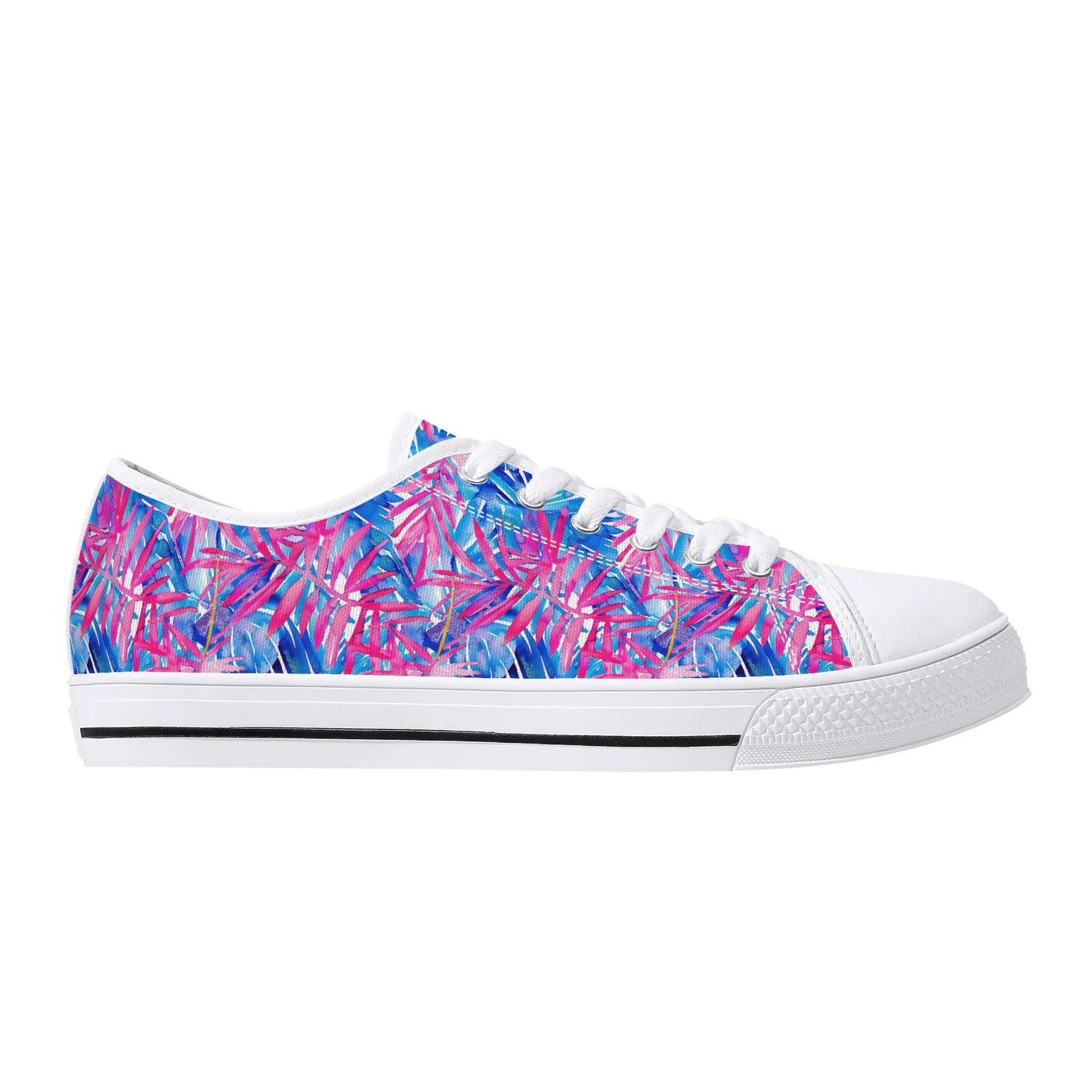 Tropical Harmony Blue and Dark Pink Palm Tree Leaves Womens Low Top Canvas Sneakers US5.5 - US12