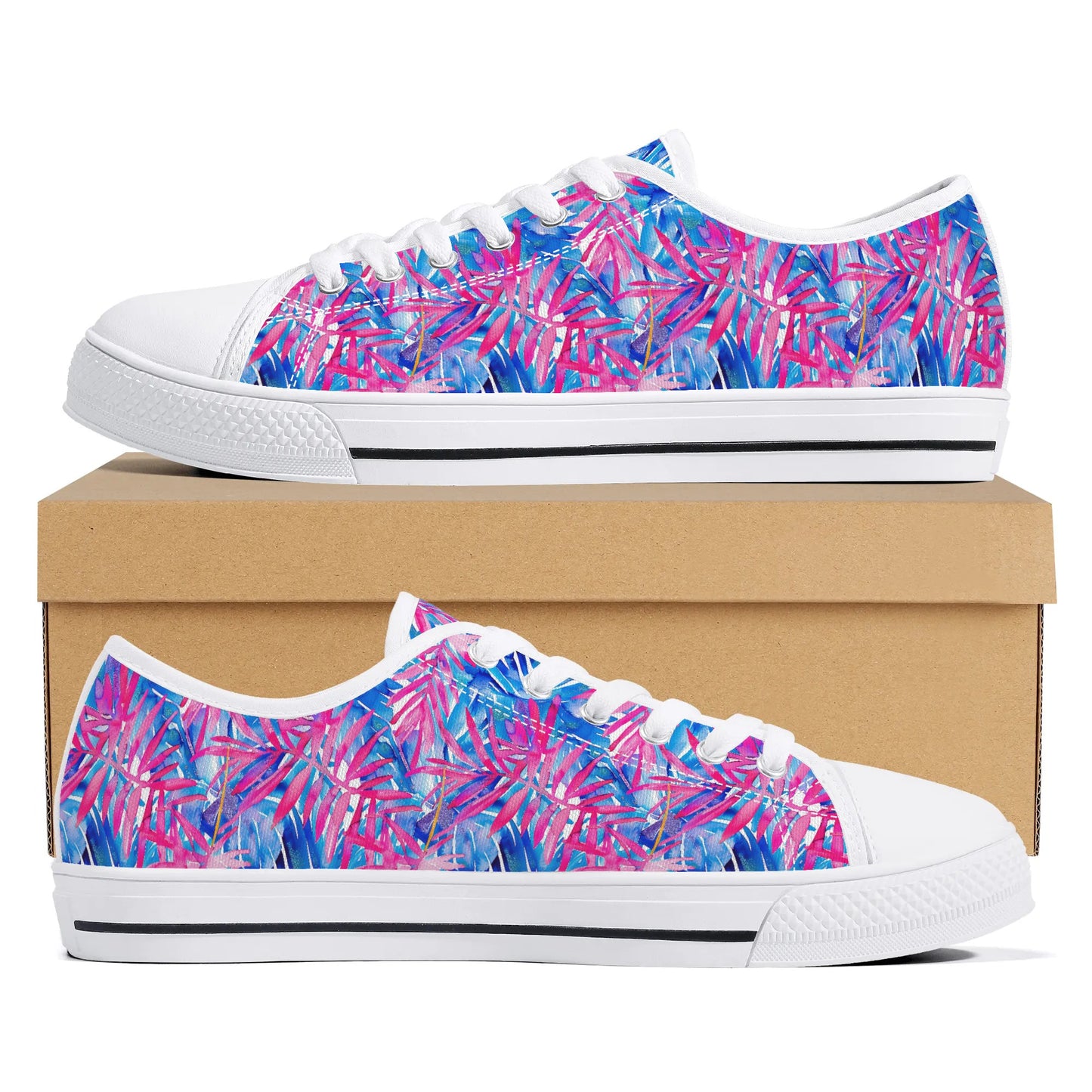 Tropical Harmony Blue and Dark Pink Palm Tree Leaves Womens Low Top Canvas Sneakers US5.5 - US12