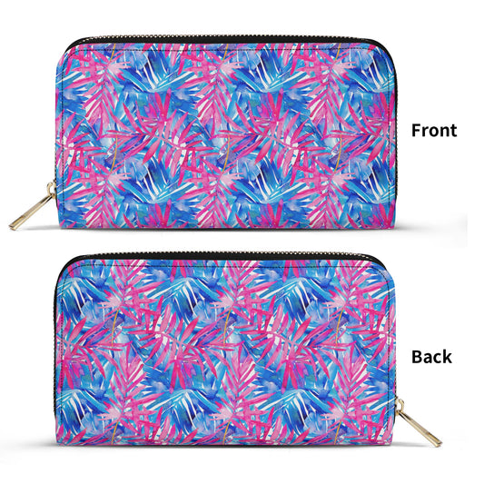 Tropical Harmony Blue and Dark Pink Palm Tree Leaves - Leather Wallet (PU)