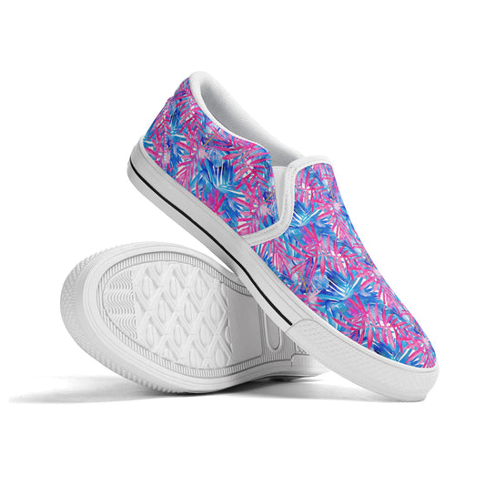 Tropical Harmony Blue and Dark Pink Palm Tree Leaves Womens Canvas Slip On Shoes US5-US12