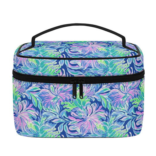 Seaside Serenade: Coastal Pink, Navy, and Green Tropical Blooms Dancing Cosmetic or Toiletry Bag Faux Leather (PU)