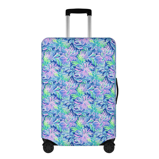 Seaside Serenade: Coastal Pink, Navy, and Green Tropical Blooms Dancing Luggage Protector and Cover 4 Sizes