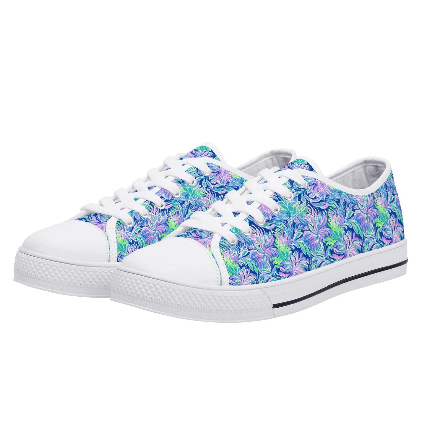 Seaside Serenade: Coastal Pink, Navy, and Green Tropical Blooms Dancing Womens Low Top Canvas Sneakers US5.5 - US12