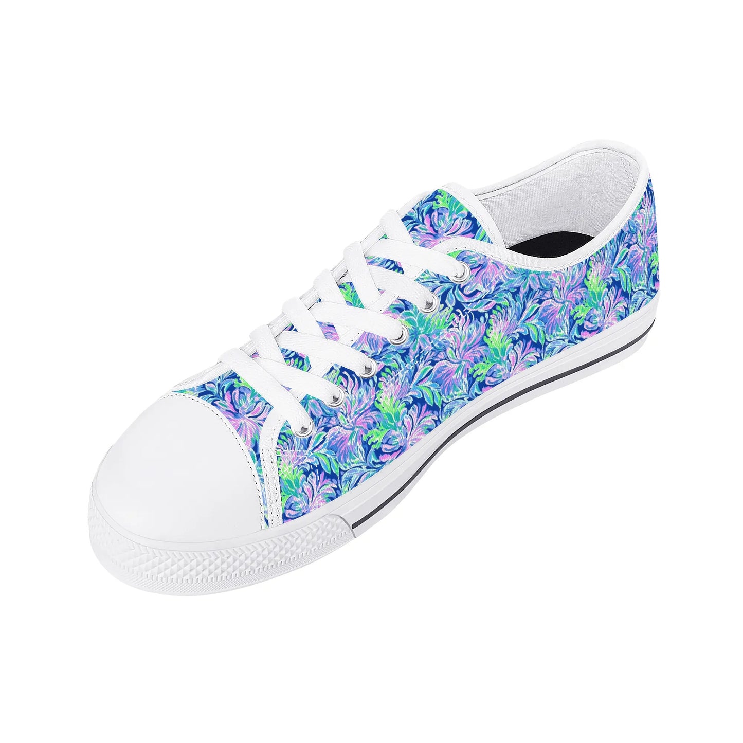 Seaside Serenade: Coastal Pink, Navy, and Green Tropical Blooms Dancing Womens Low Top Canvas Sneakers US5.5 - US12