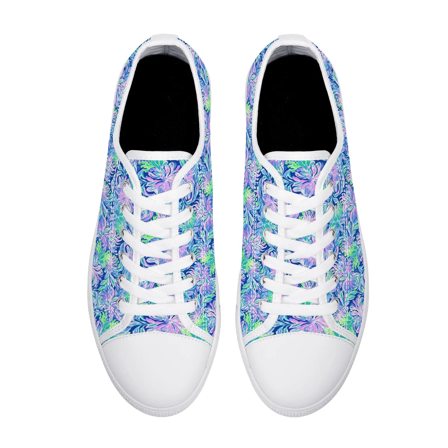 Seaside Serenade: Coastal Pink, Navy, and Green Tropical Blooms Dancing Womens Low Top Canvas Sneakers US5.5 - US12