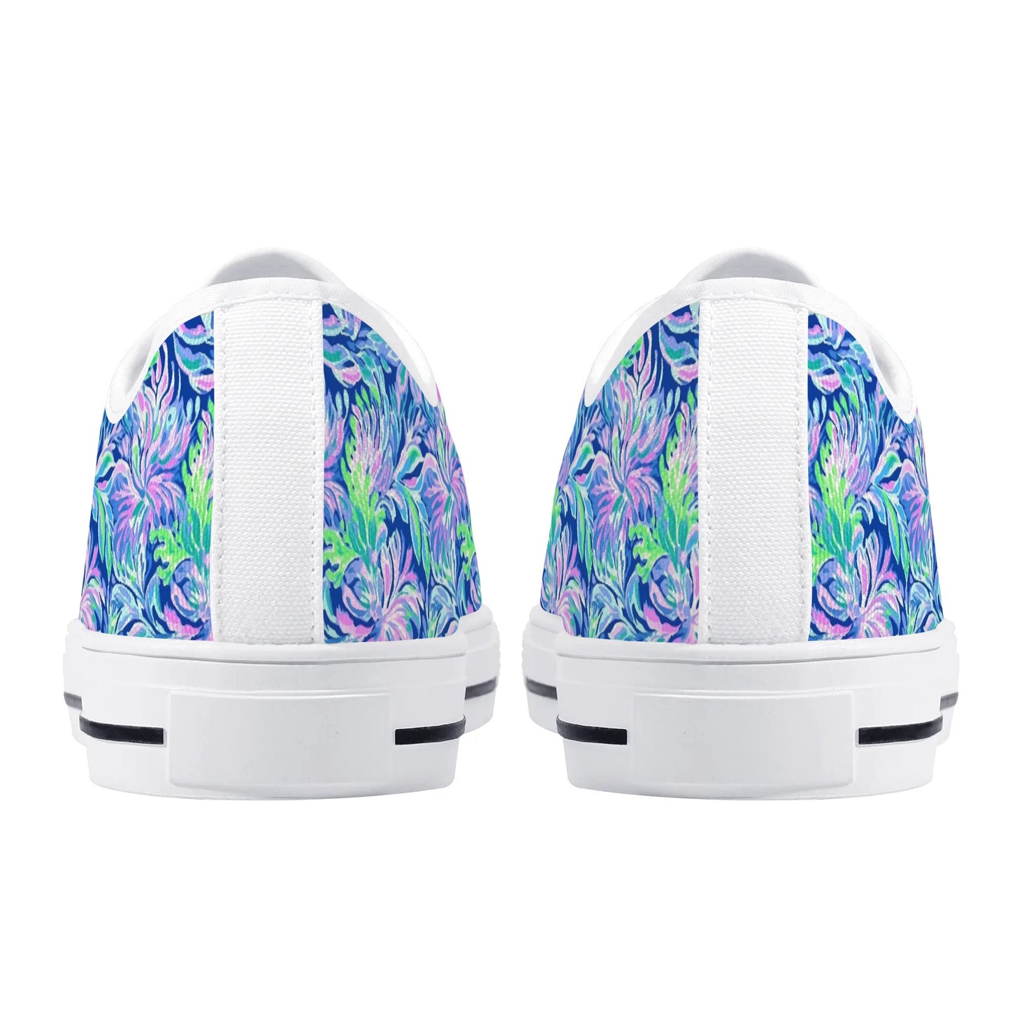 Seaside Serenade: Coastal Pink, Navy, and Green Tropical Blooms Dancing Womens Low Top Canvas Sneakers US5.5 - US12