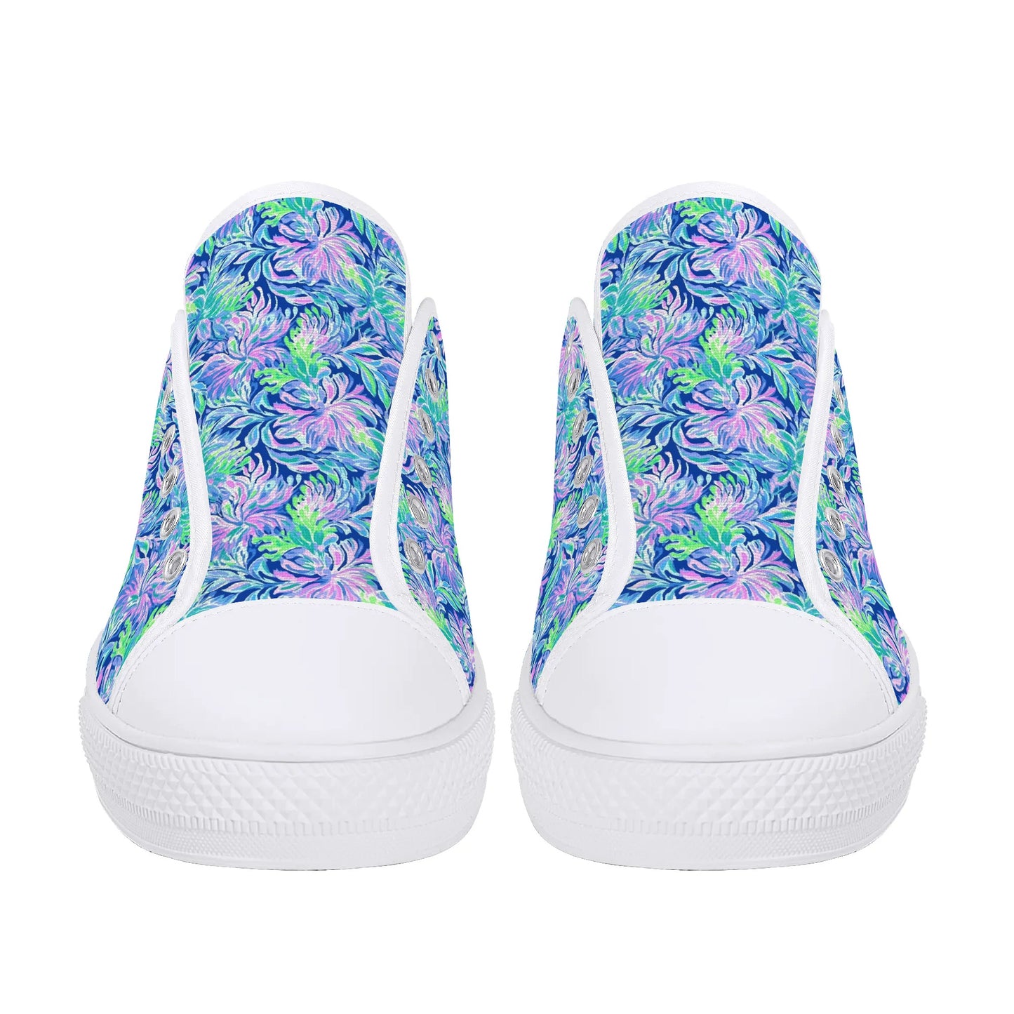 Seaside Serenade: Coastal Pink, Navy, and Green Tropical Blooms Dancing Womens Low Top Canvas Sneakers US5.5 - US12