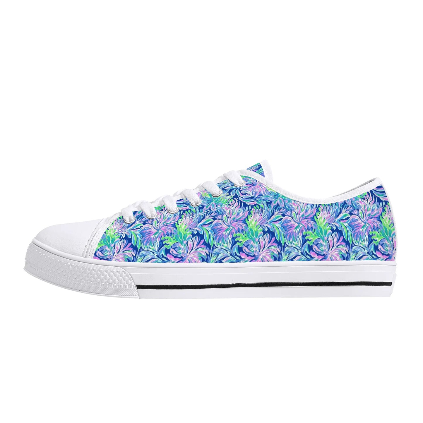 Seaside Serenade: Coastal Pink, Navy, and Green Tropical Blooms Dancing Womens Low Top Canvas Sneakers US5.5 - US12