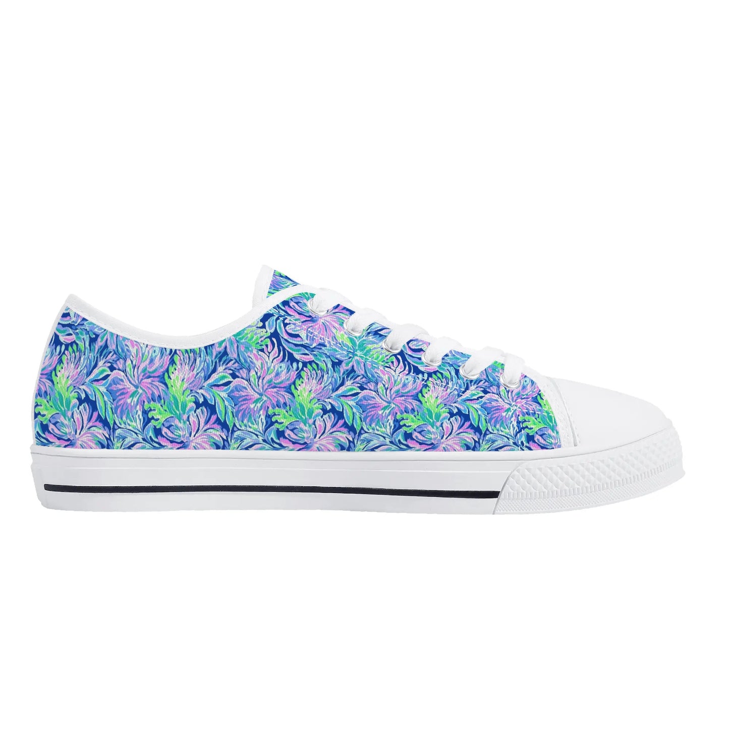 Seaside Serenade: Coastal Pink, Navy, and Green Tropical Blooms Dancing Womens Low Top Canvas Sneakers US5.5 - US12