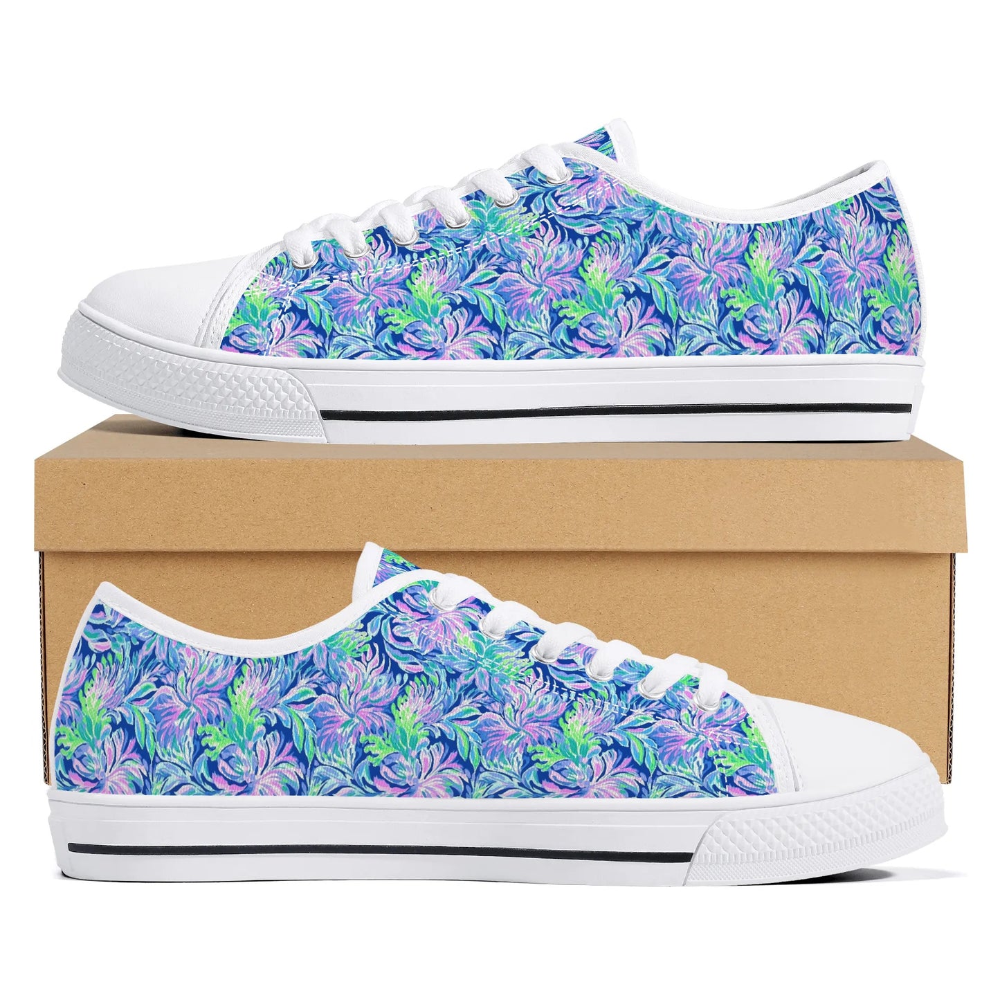 Seaside Serenade: Coastal Pink, Navy, and Green Tropical Blooms Dancing Womens Low Top Canvas Sneakers US5.5 - US12